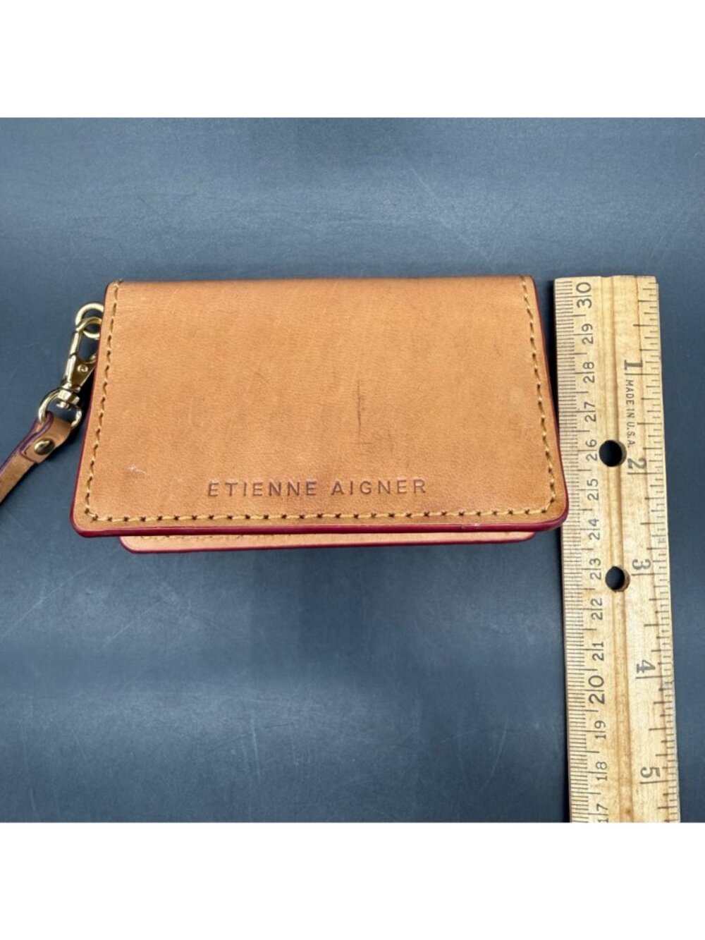 Etienne Aigner Tan Leather Card Case Wallet Wristlet Gold Hardware - Picture 11 of 13